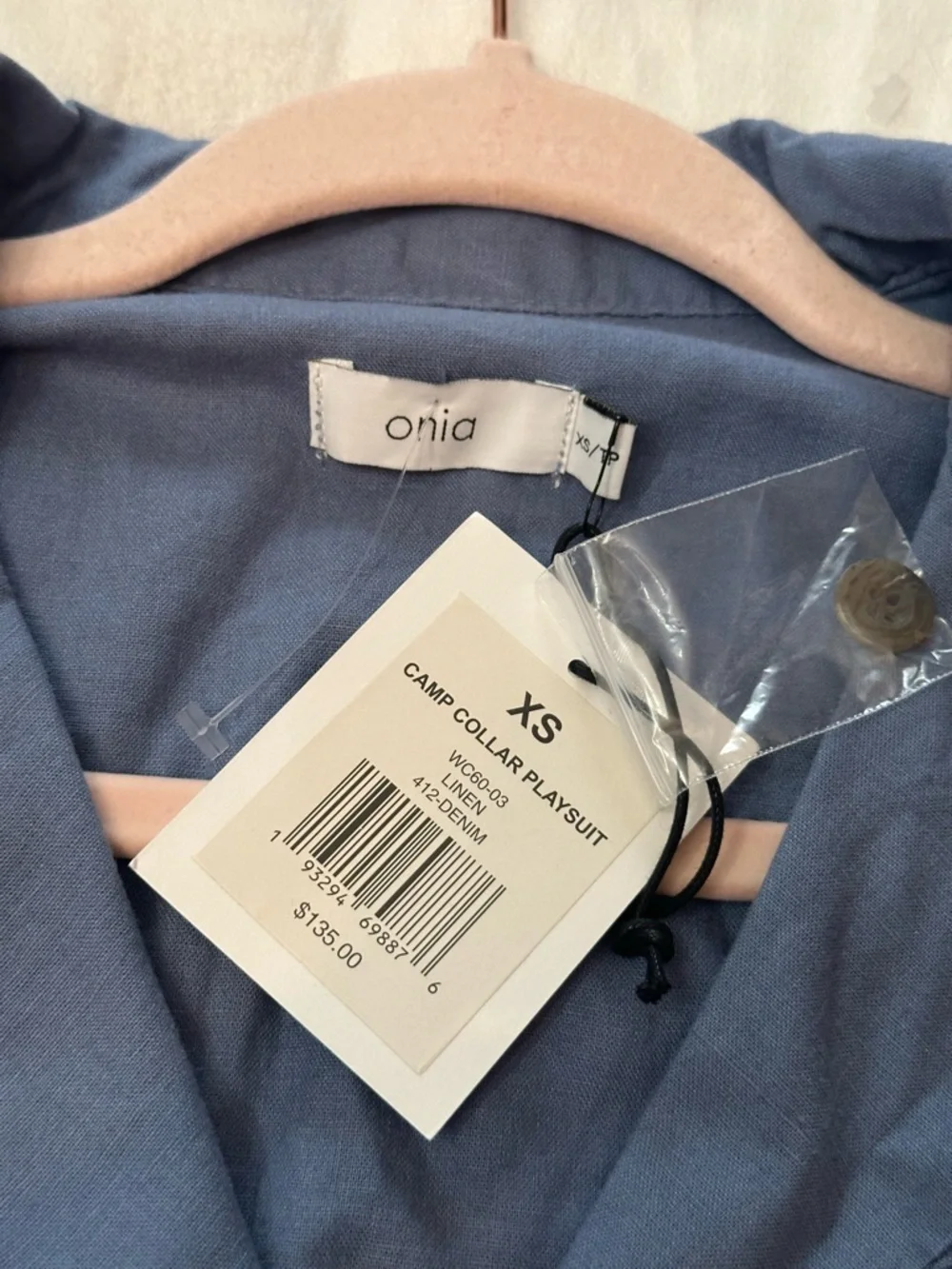 New! Onia Denim Blue Camp Collar Linen Playsuit Romper XS NWT 38620